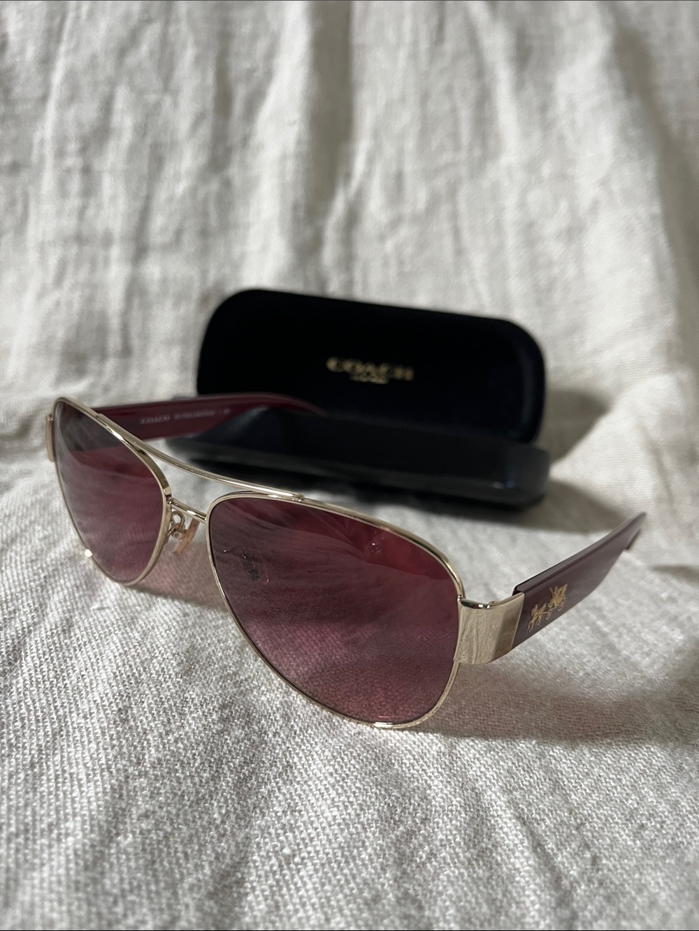 Coach Burgundy Lens Aviator Sunglasses with Gold Accents